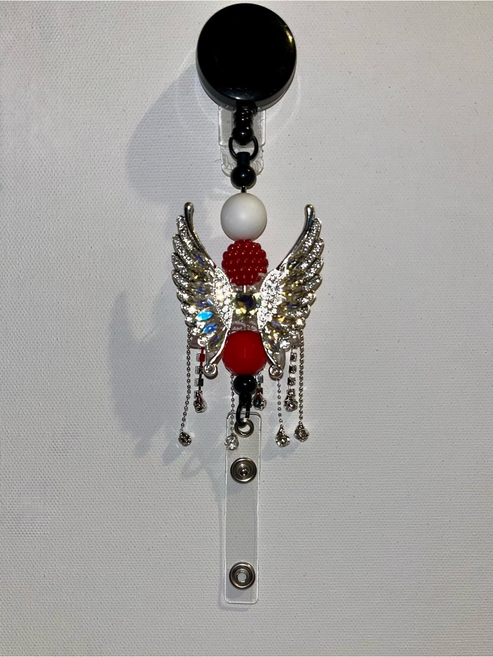Red & White Angel Wing Badge Reel with Crystal Accents